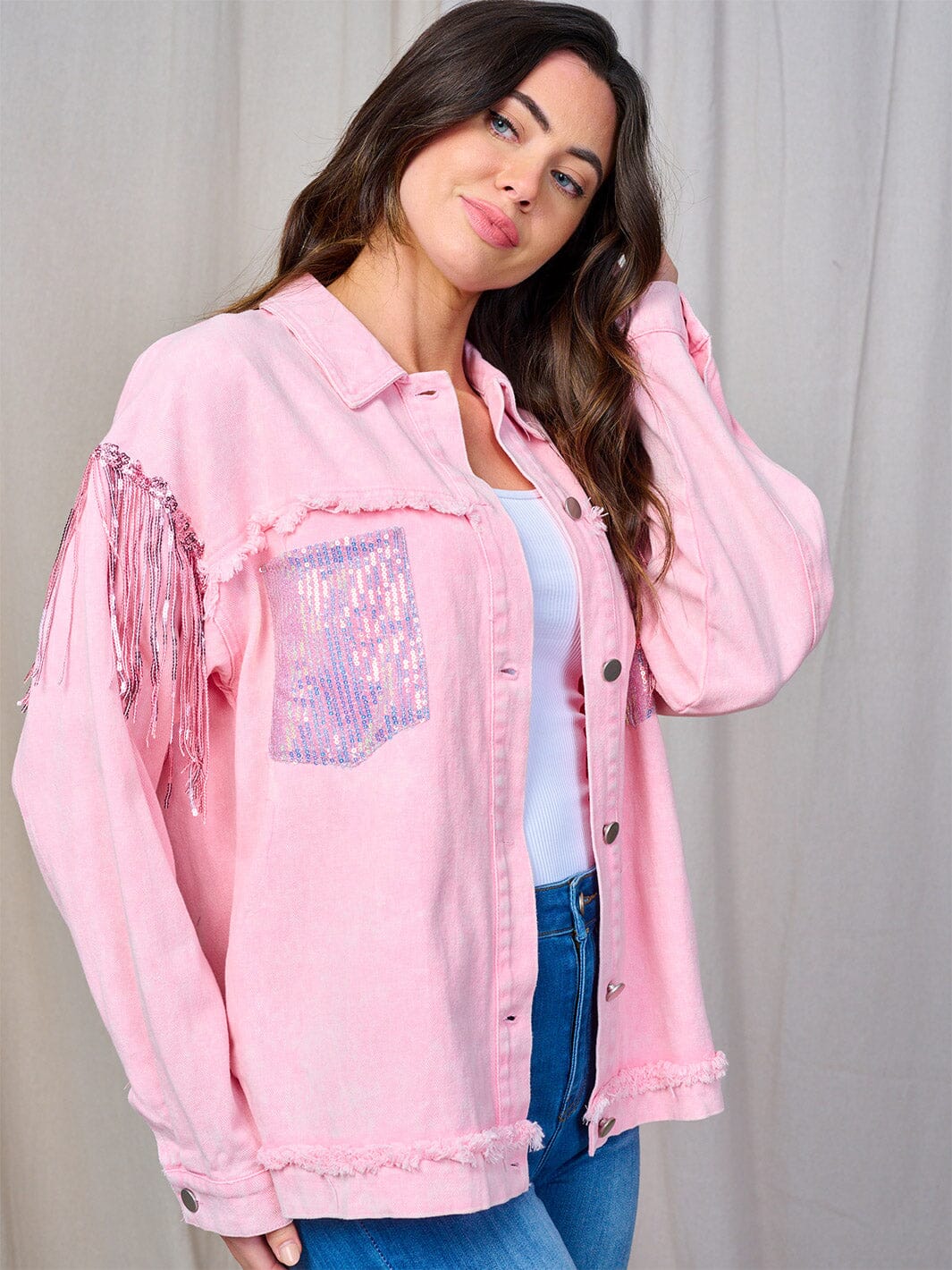 WOMEN'S LONG SLEEVE BUTTON CLOSURE FRONT POCKETS SEQUINS FRINGE DENIM JACKET