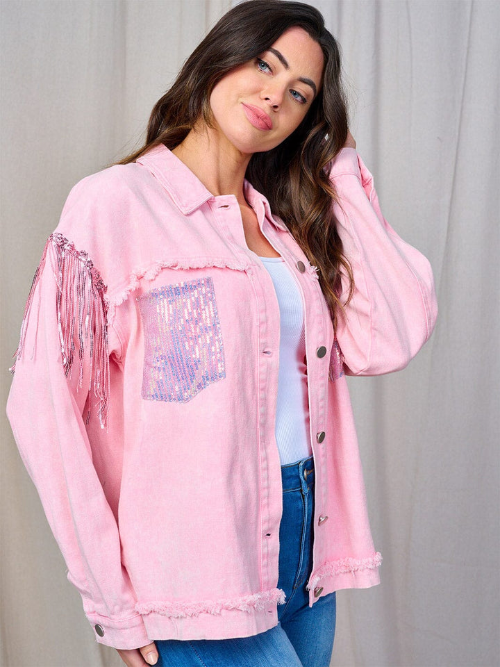 WOMEN'S LONG SLEEVE BUTTON CLOSURE FRONT POCKETS SEQUINS FRINGE DENIM JACKET
