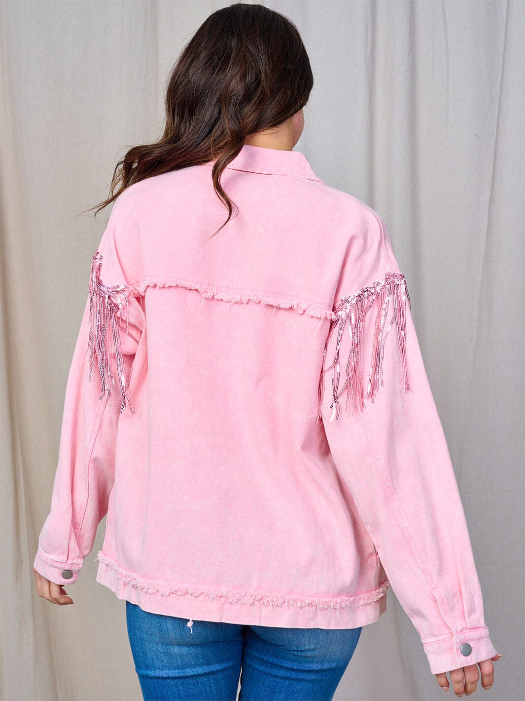WOMEN'S LONG SLEEVE BUTTON CLOSURE FRONT POCKETS SEQUINS FRINGE DENIM JACKET