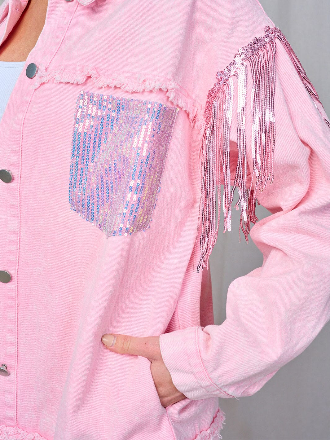 WOMEN'S LONG SLEEVE BUTTON CLOSURE FRONT POCKETS SEQUINS FRINGE DENIM JACKET