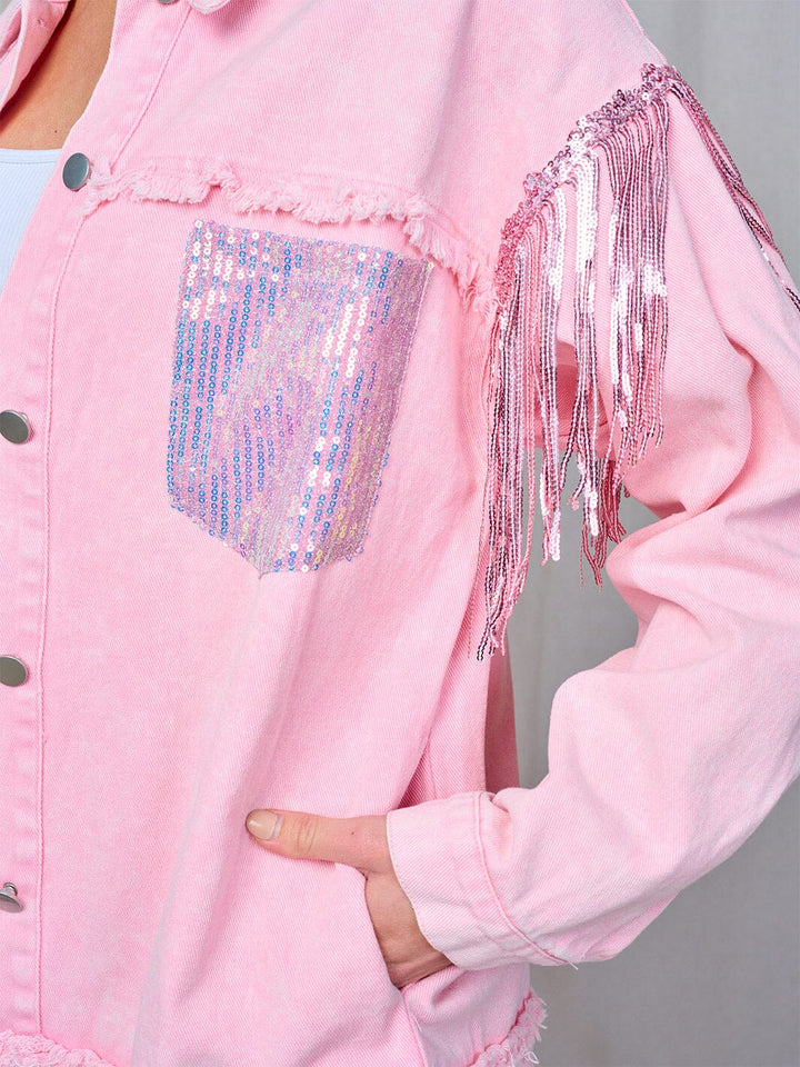 WOMEN'S LONG SLEEVE BUTTON CLOSURE FRONT POCKETS SEQUINS FRINGE DENIM JACKET
