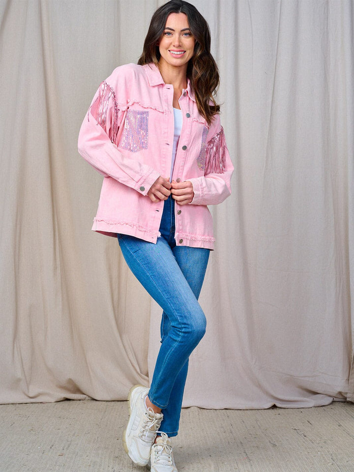 WOMEN'S LONG SLEEVE BUTTON CLOSURE FRONT POCKETS SEQUINS FRINGE DENIM JACKET
