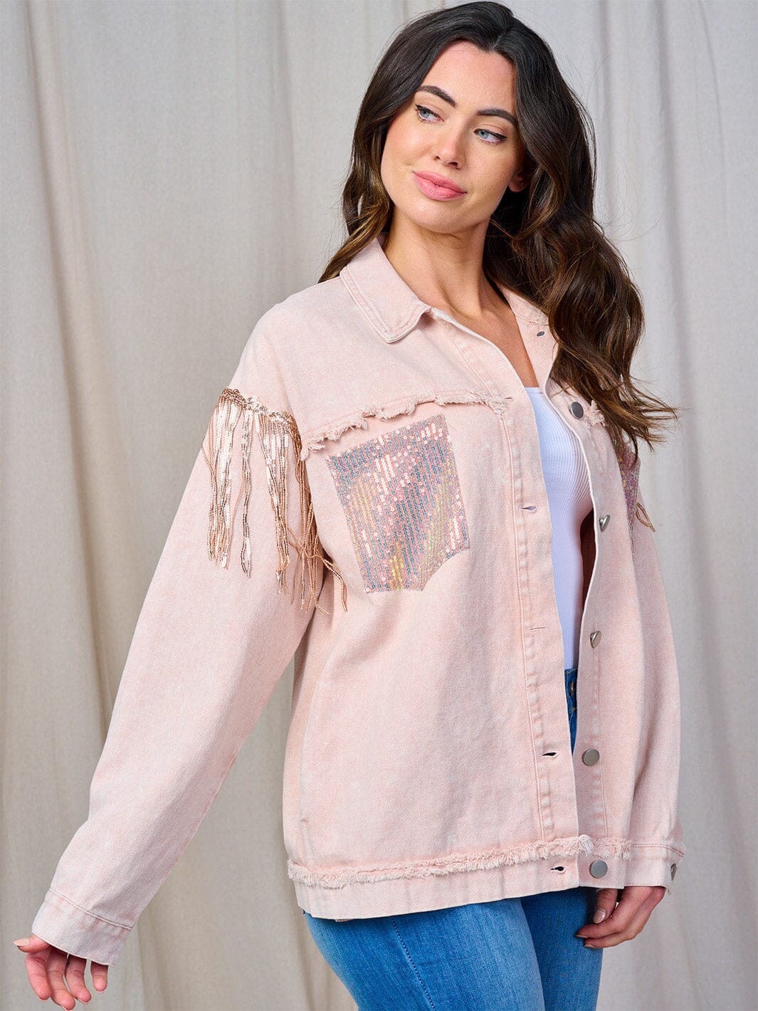 WOMEN'S LONG SLEEVE BUTTON CLOSURE FRONT POCKETS SEQUINS FRINGE DENIM JACKET