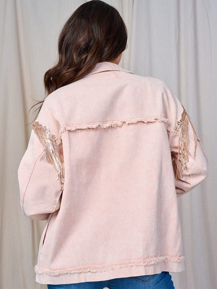 WOMEN'S LONG SLEEVE BUTTON CLOSURE FRONT POCKETS SEQUINS FRINGE DENIM JACKET