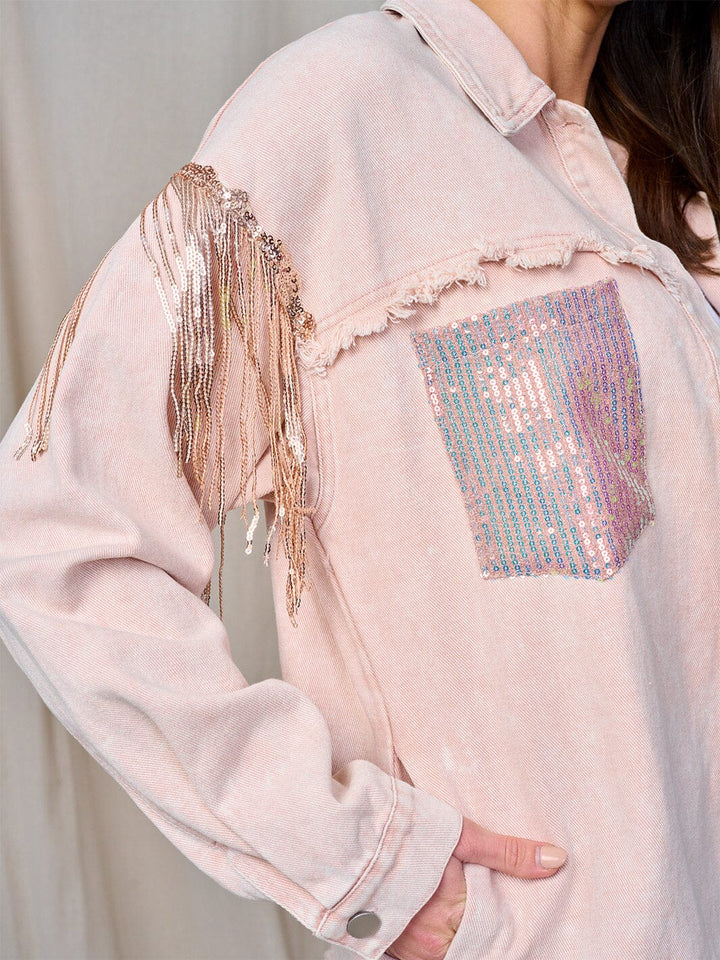 WOMEN'S LONG SLEEVE BUTTON CLOSURE FRONT POCKETS SEQUINS FRINGE DENIM JACKET