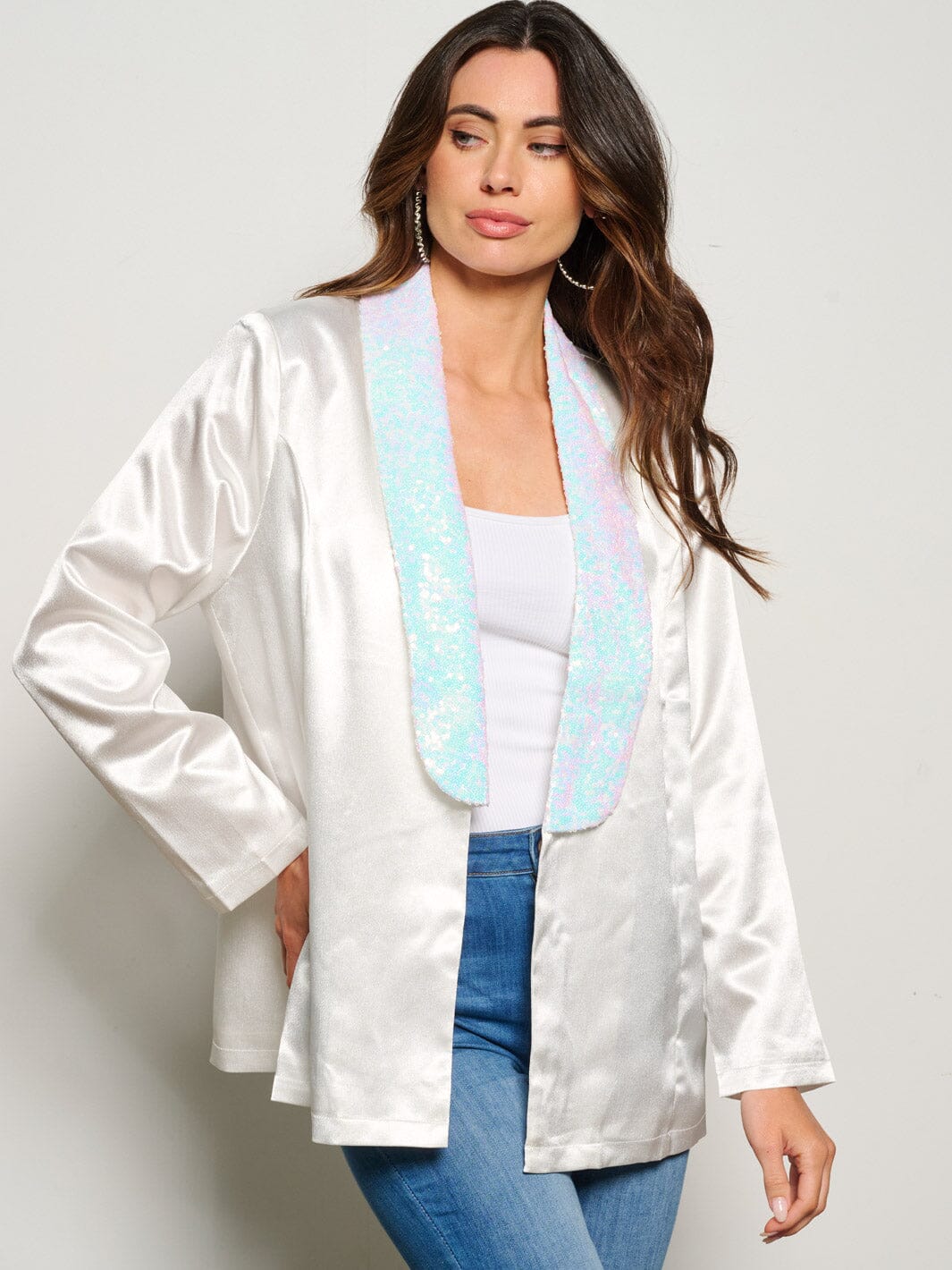 WOMEN'S LONG SLEEVE OPEN FRONT SEQUINS COLLAR BLAZER