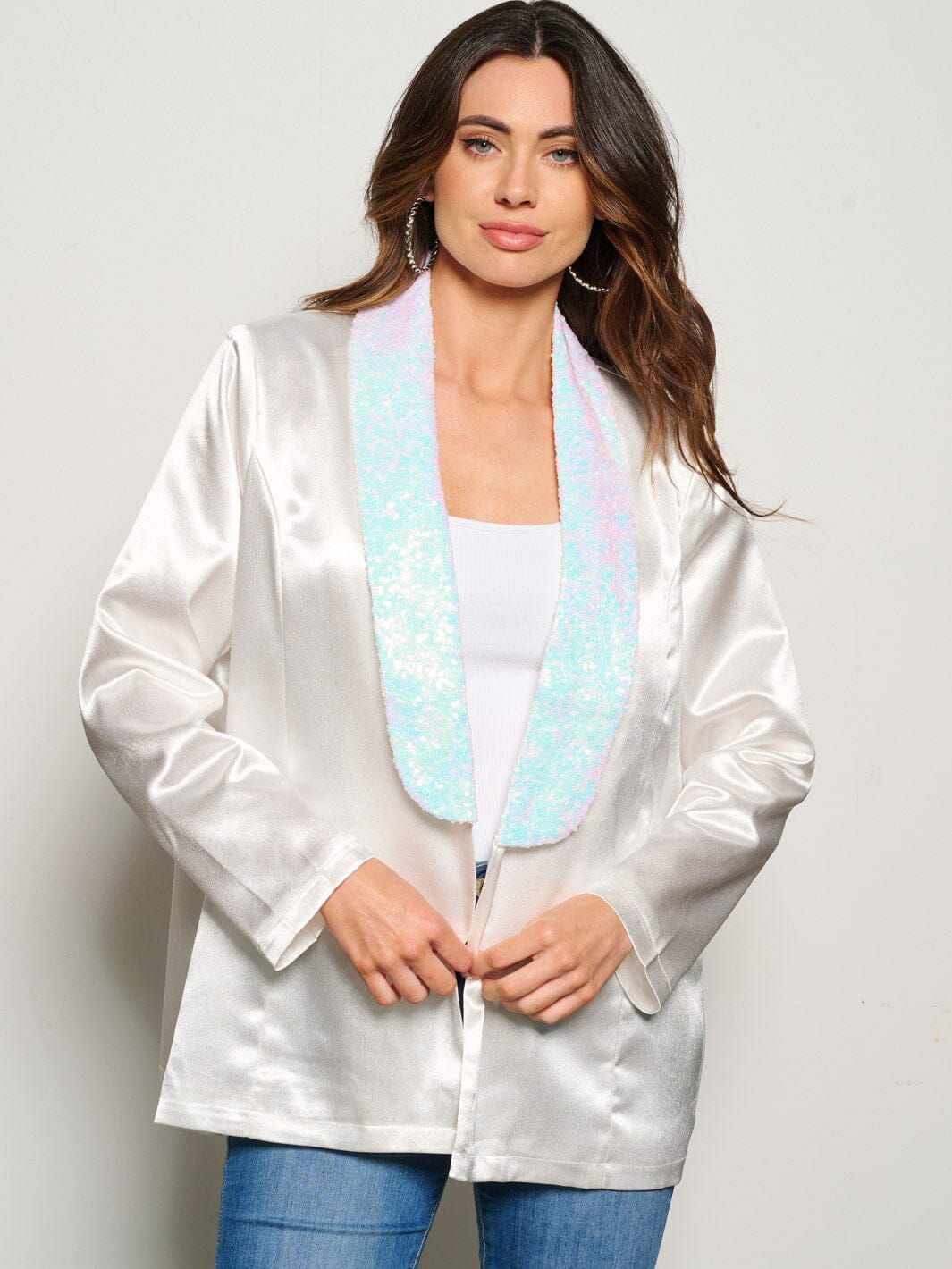 WOMEN'S LONG SLEEVE OPEN FRONT SEQUINS COLLAR BLAZER