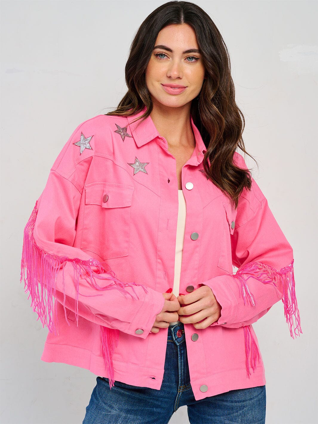 WOMEN'S LONG SLEEVE FRONT POCKETS BUTTON CLOSURE FRINGE STARS JACKET