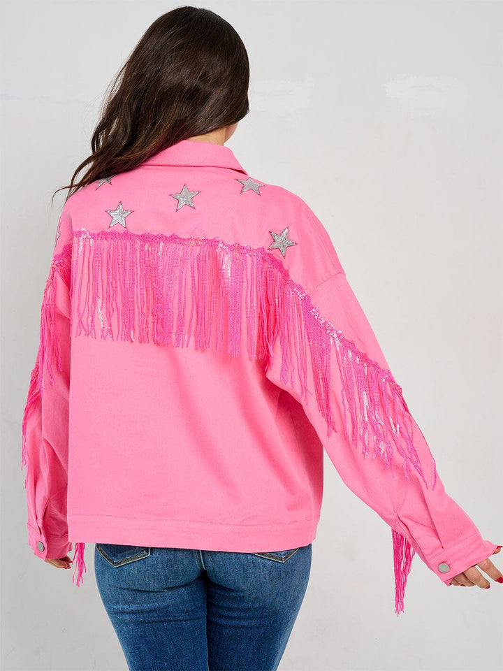 WOMEN'S LONG SLEEVE FRONT POCKETS BUTTON CLOSURE FRINGE STARS JACKET
