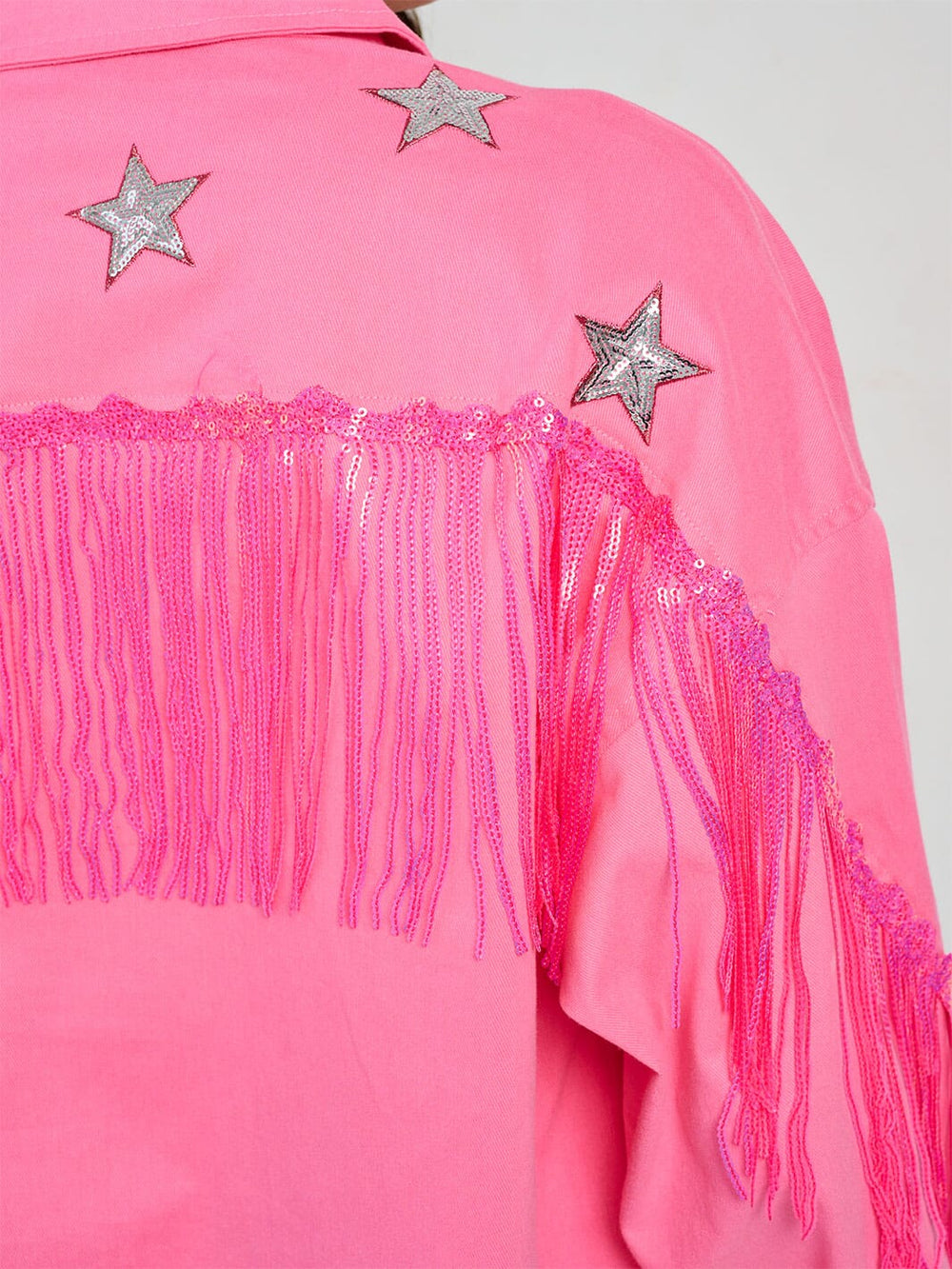 WOMEN'S LONG SLEEVE FRONT POCKETS BUTTON CLOSURE FRINGE STARS JACKET