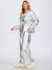 WOMEN'S ELASTIC WAIST CARGO POCKETS METALLIC ADJUSTABLE WIDE LEG PANTS
