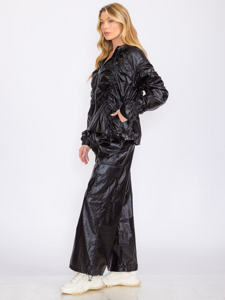WOMEN'S ELASTIC WAIST CARGO POCKETS METALLIC ADJUSTABLE WIDE LEG PANTS