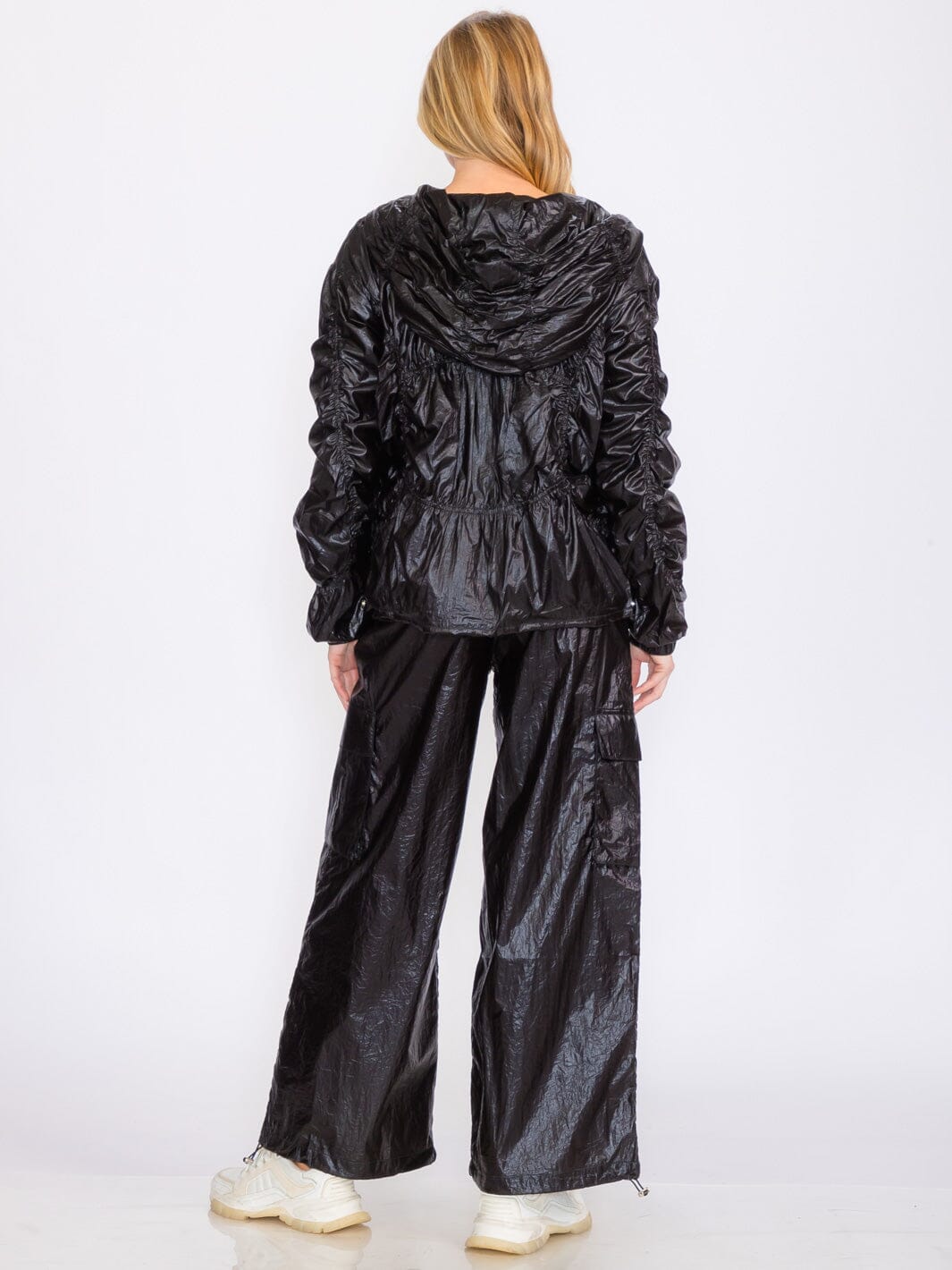 WOMEN'S ELASTIC WAIST CARGO POCKETS METALLIC ADJUSTABLE WIDE LEG PANTS
