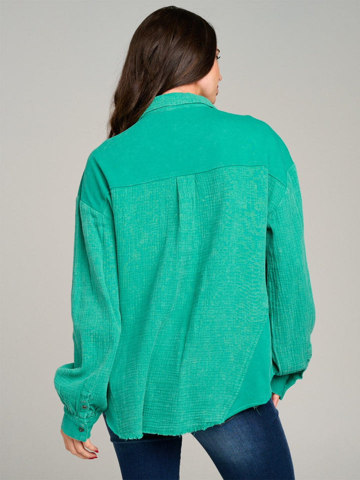 WOMEN'S LONG SLEEVE BUTTON UP FRONT POCKETS HIGH-LOW OVERSIZE TOP