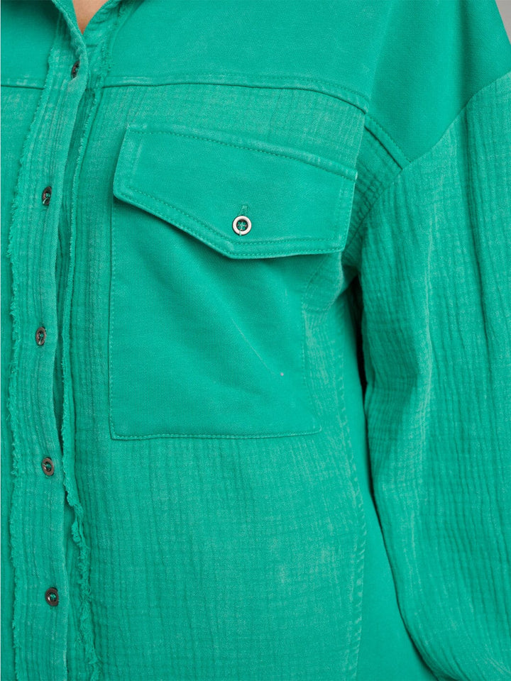 WOMEN'S LONG SLEEVE BUTTON UP FRONT POCKETS HIGH-LOW OVERSIZE TOP
