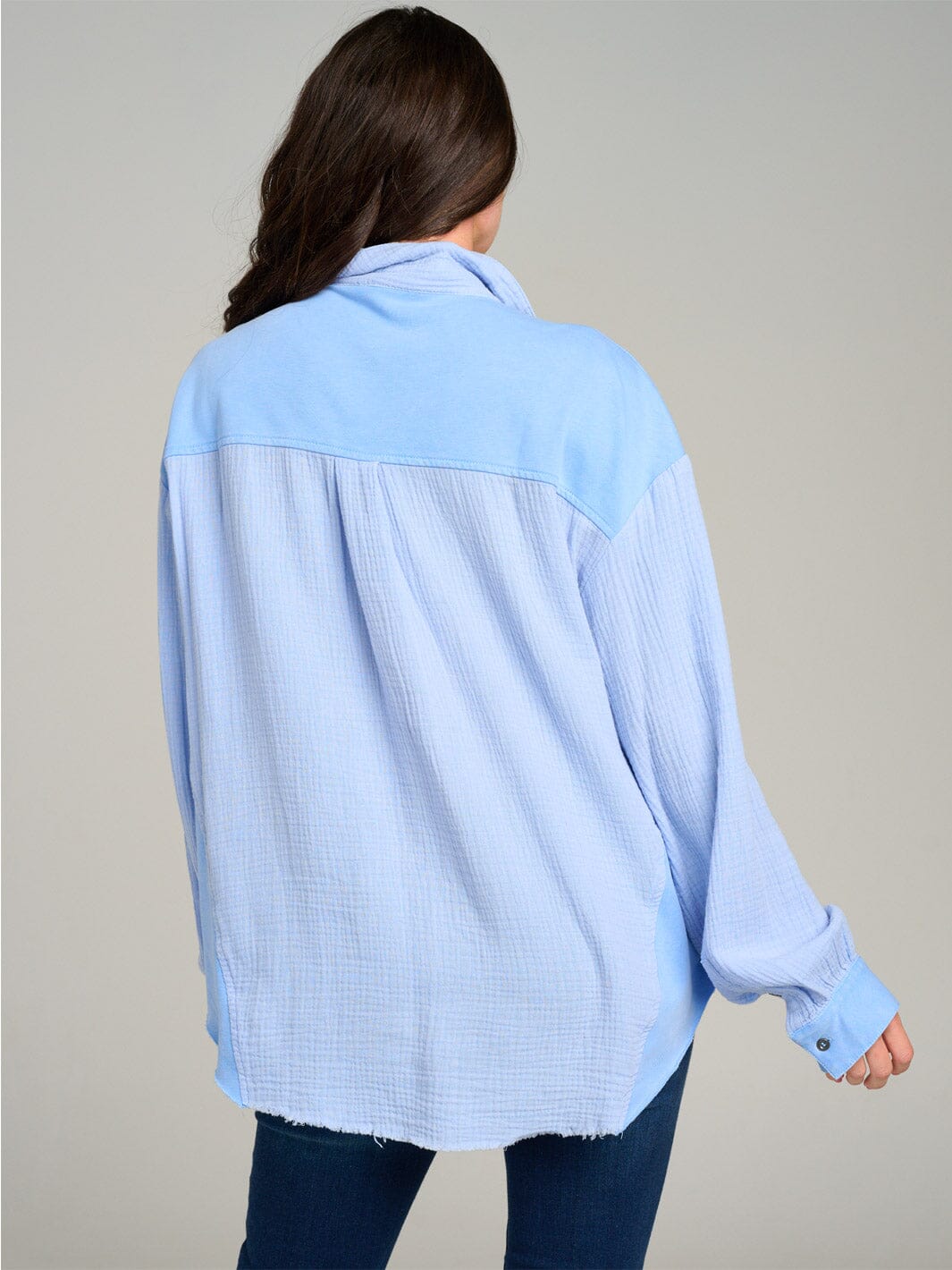 WOMEN'S LONG SLEEVE BUTTON UP FRONT POCKETS HIGH-LOW OVERSIZE TOP