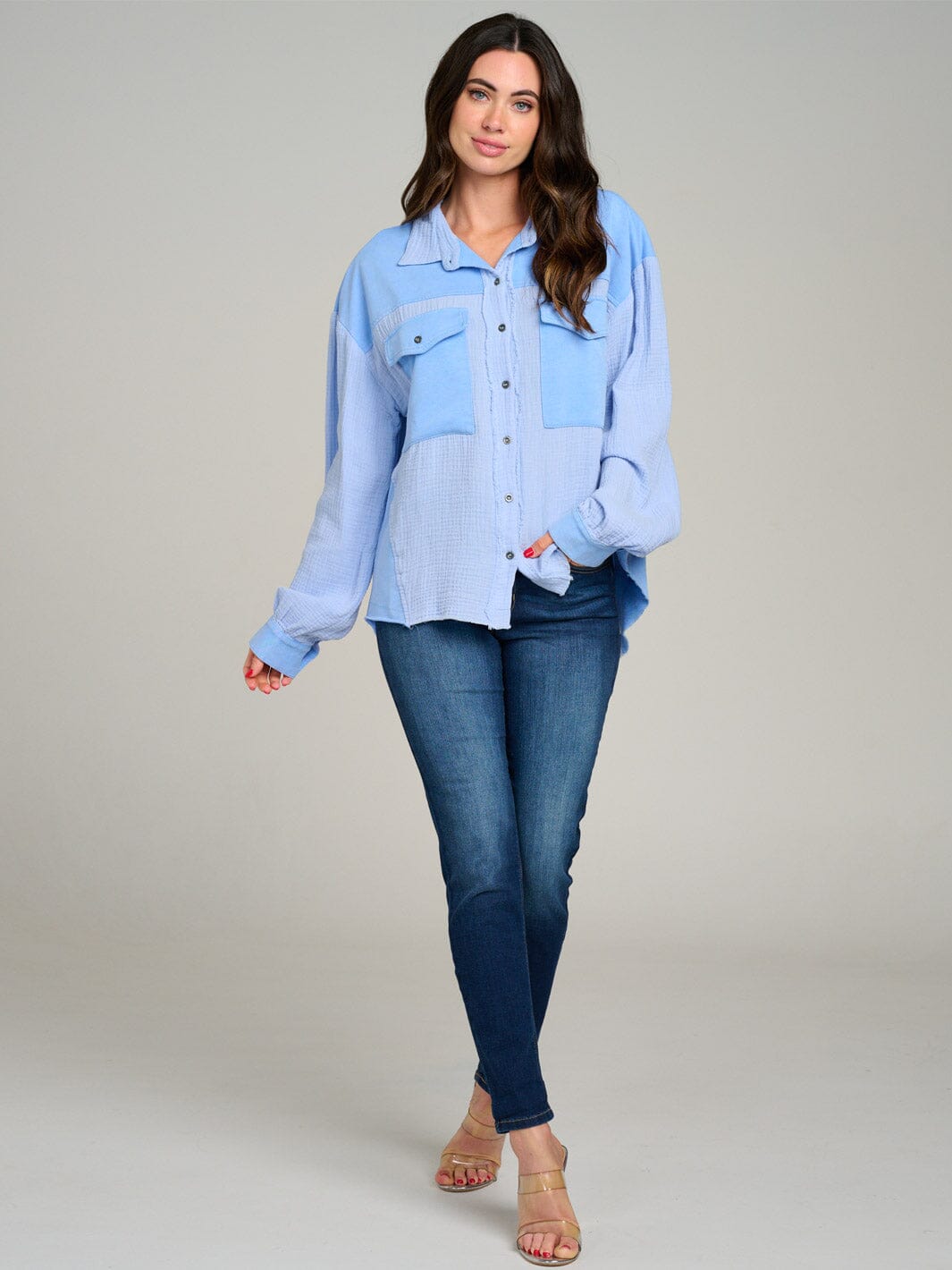 WOMEN'S LONG SLEEVE BUTTON UP FRONT POCKETS HIGH-LOW OVERSIZE TOP