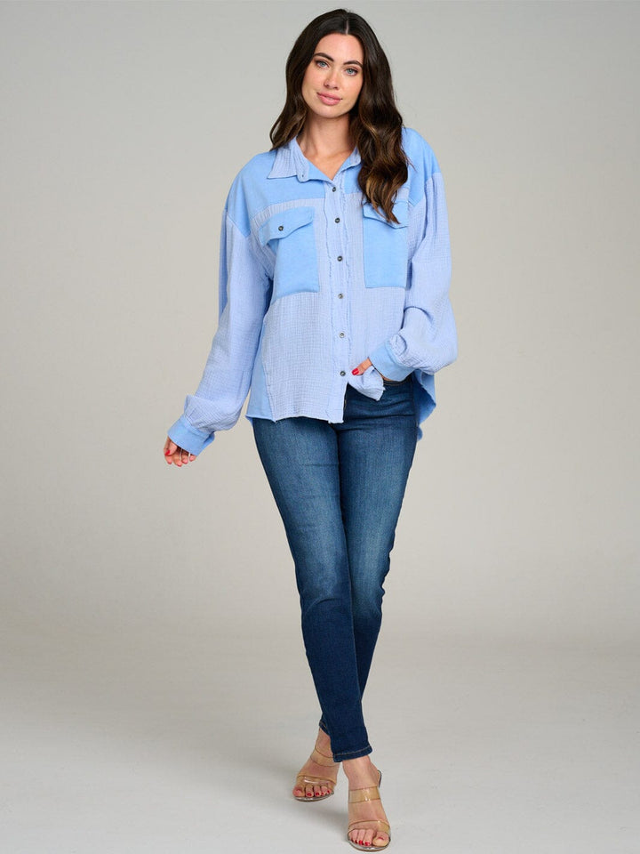 WOMEN'S LONG SLEEVE BUTTON UP FRONT POCKETS HIGH-LOW OVERSIZE TOP