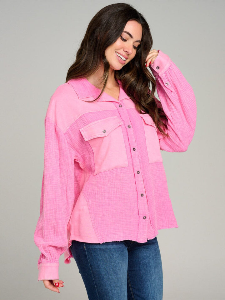 WOMEN'S LONG SLEEVE BUTTON UP FRONT POCKETS HIGH-LOW OVERSIZE TOP