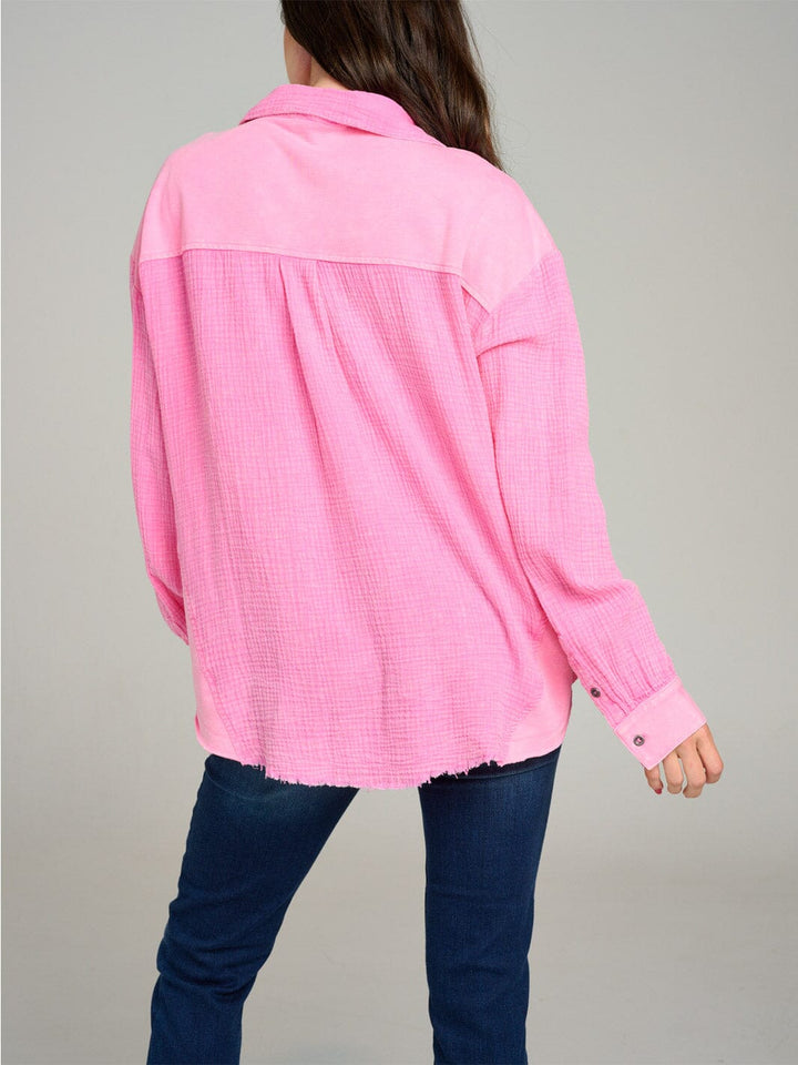WOMEN'S LONG SLEEVE BUTTON UP FRONT POCKETS HIGH-LOW OVERSIZE TOP
