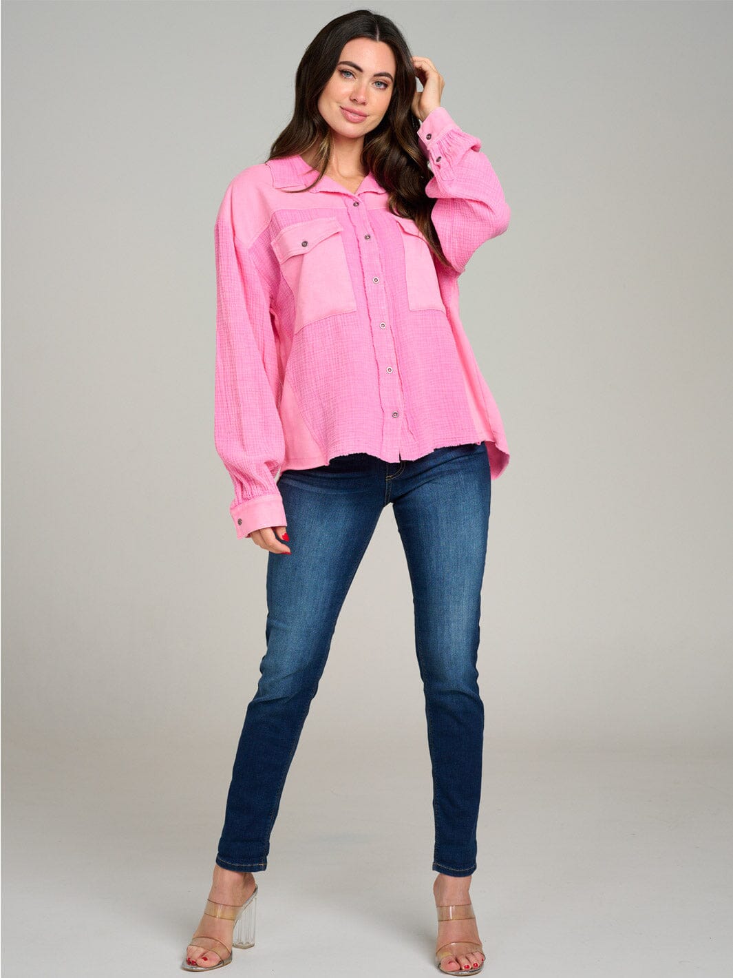 WOMEN'S LONG SLEEVE BUTTON UP FRONT POCKETS HIGH-LOW OVERSIZE TOP