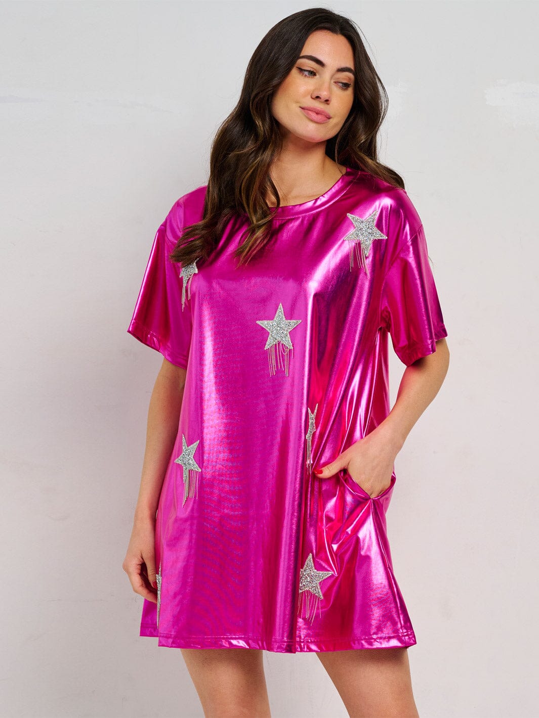 WOMEN'S SHORT SLEEVE FRONT POCKETS METALLIC STARS MINI DRESS