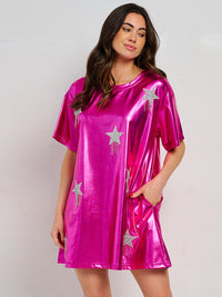 WOMEN'S SHORT SLEEVE FRONT POCKETS METALLIC STARS MINI DRESS
