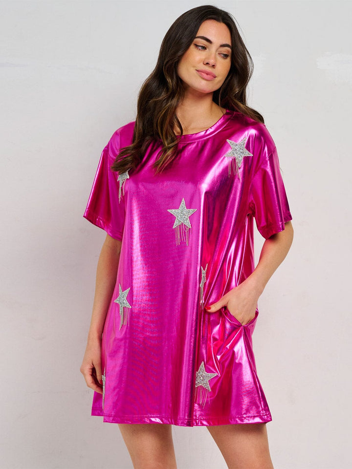 WOMEN'S SHORT SLEEVE FRONT POCKETS METALLIC STARS MINI DRESS