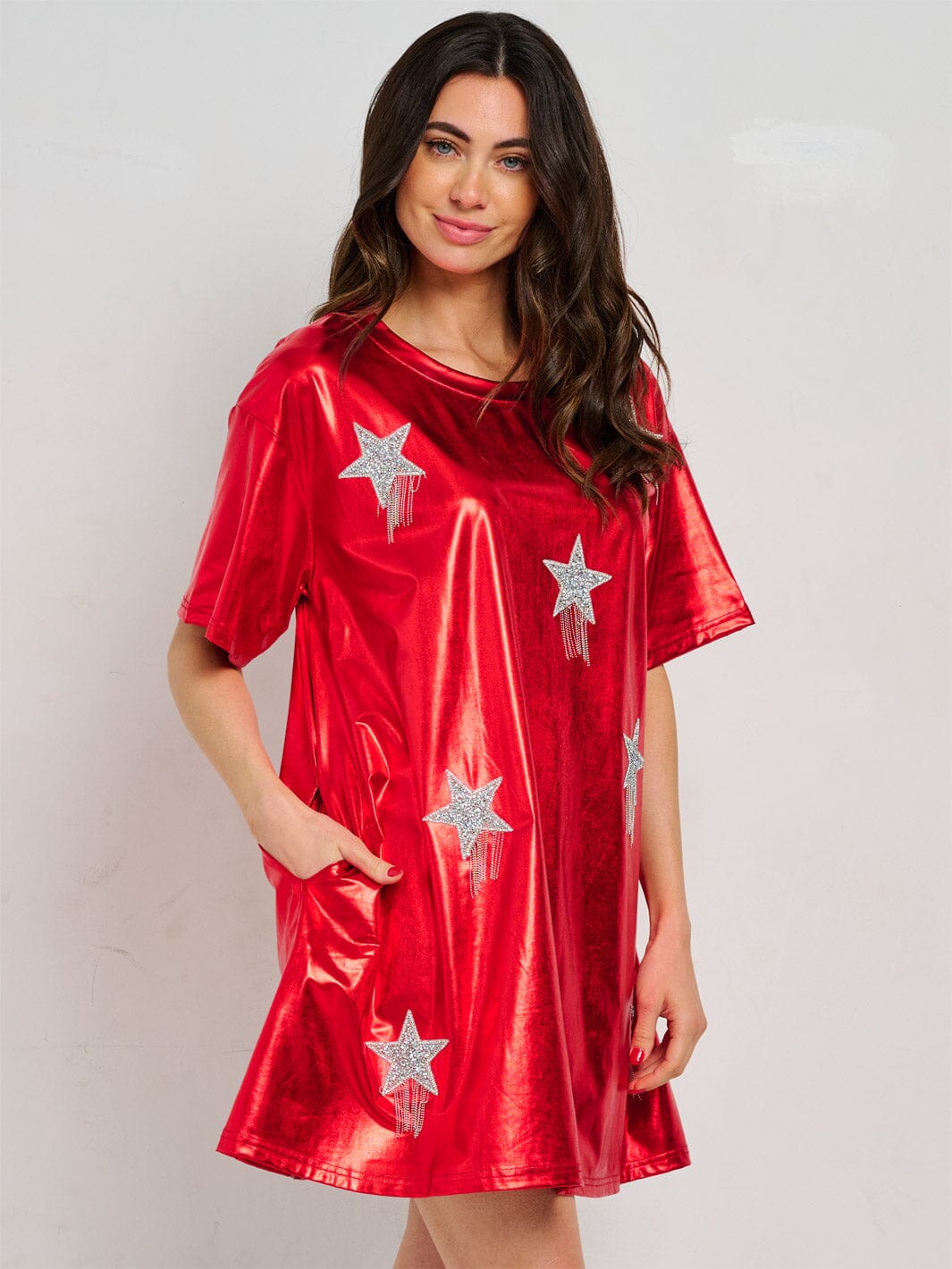 WOMEN'S SHORT SLEEVE FRONT POCKETS METALLIC STARS MINI DRESS