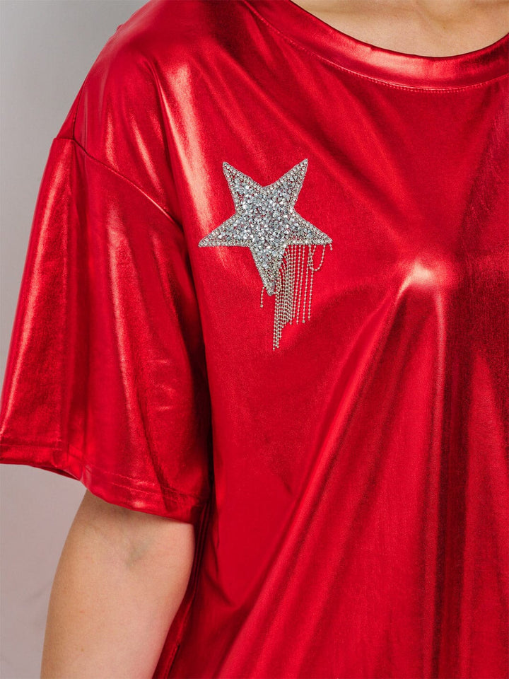 WOMEN'S SHORT SLEEVE FRONT POCKETS METALLIC STARS MINI DRESS