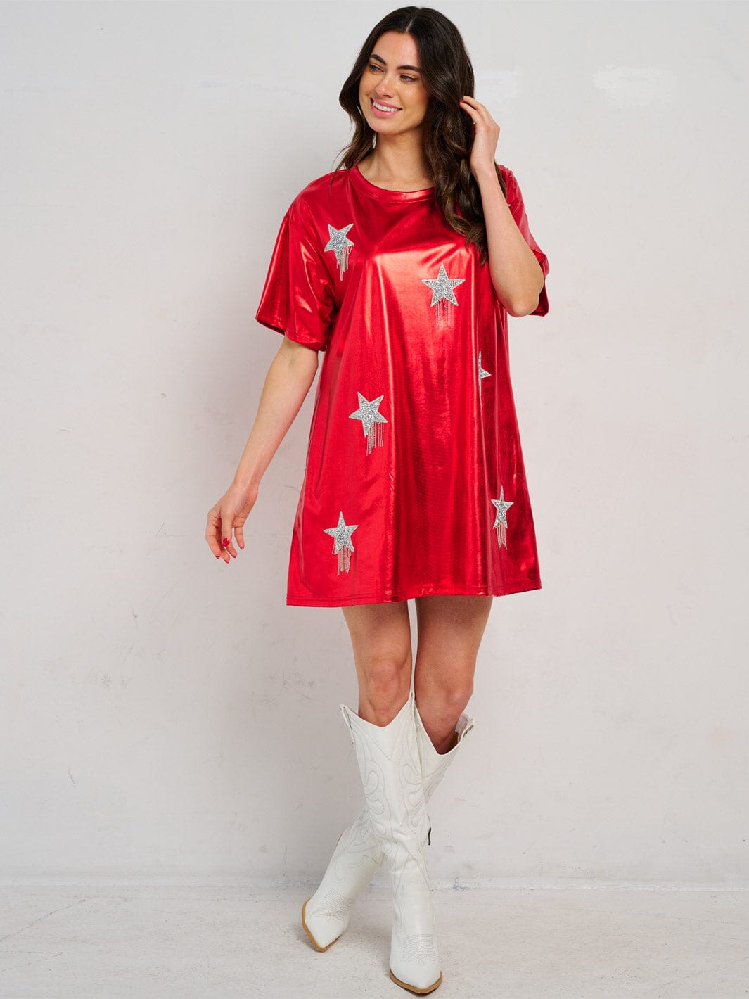 WOMEN'S SHORT SLEEVE FRONT POCKETS METALLIC STARS MINI DRESS