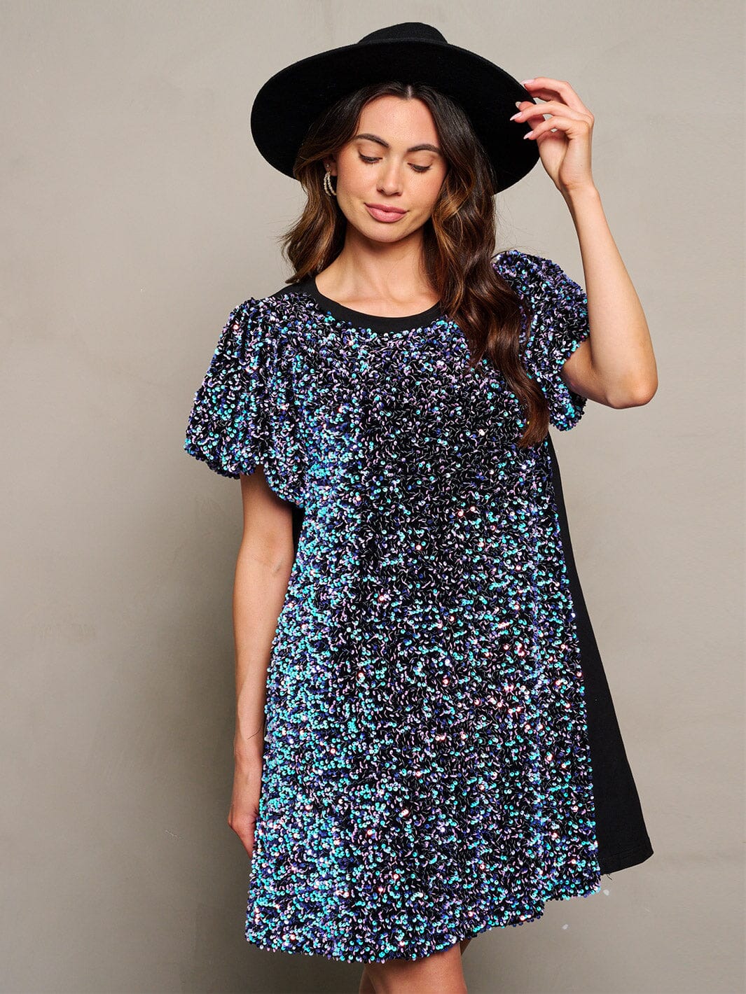 WOMEN'S SHORT PUFF SLEEVE POCKETS SEQUINS TUNIC MINI DRESS