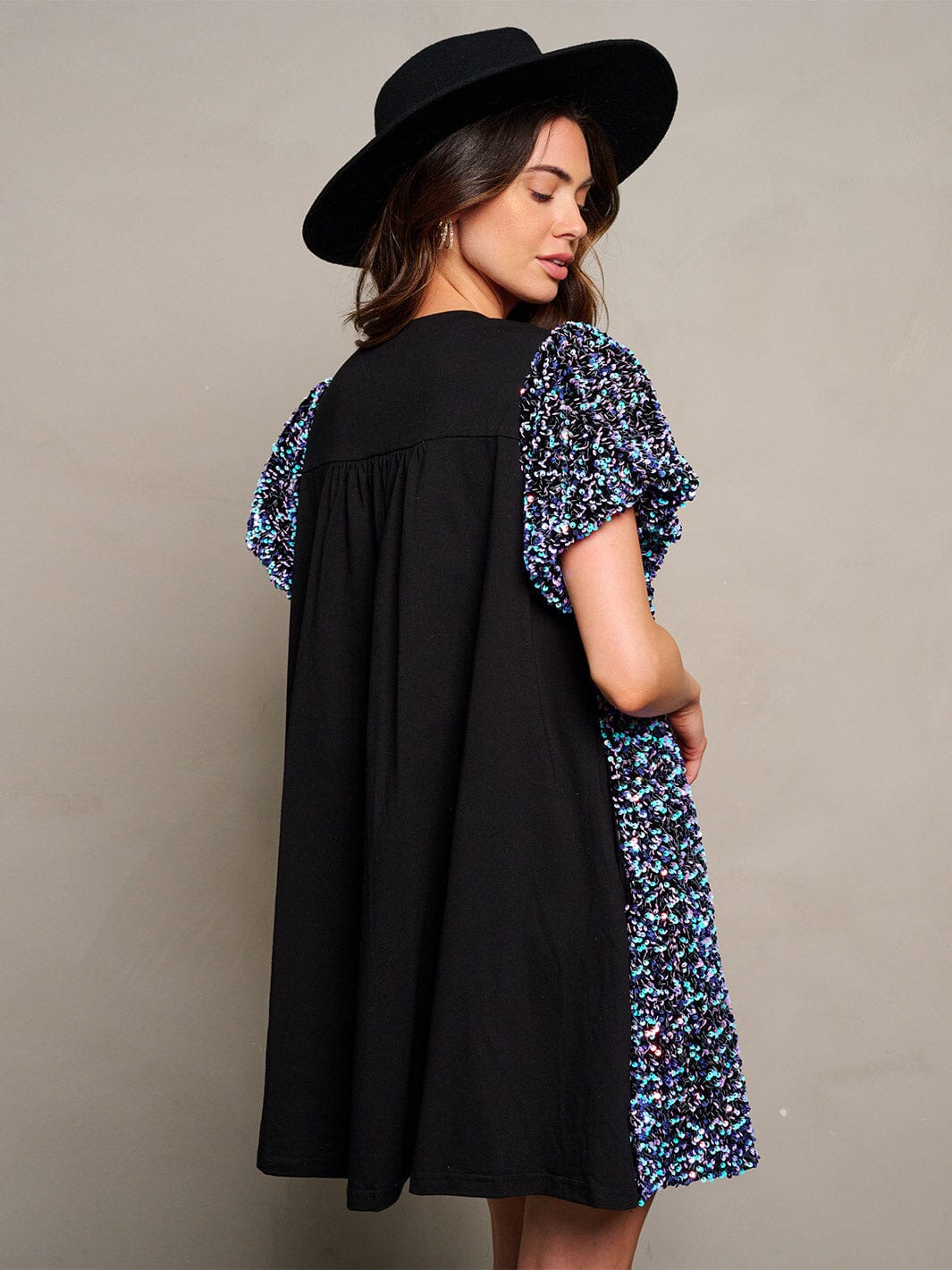 WOMEN'S SHORT PUFF SLEEVE POCKETS SEQUINS TUNIC MINI DRESS