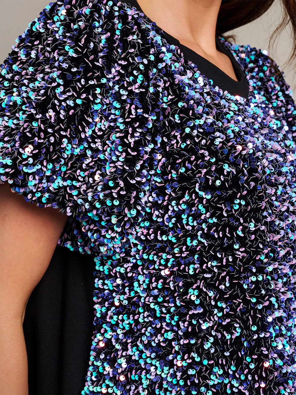 WOMEN'S SHORT PUFF SLEEVE POCKETS SEQUINS TUNIC MINI DRESS