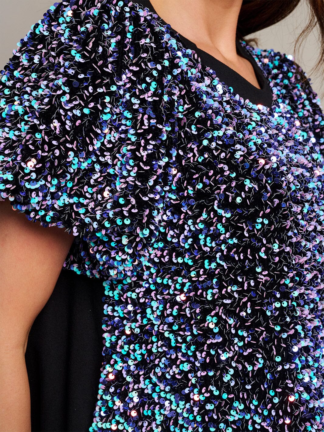 WOMEN'S SHORT PUFF SLEEVE POCKETS SEQUINS TUNIC MINI DRESS