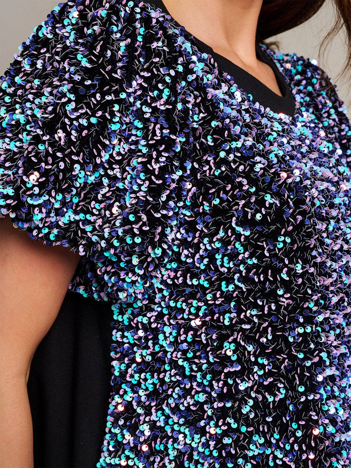 WOMEN'S SHORT PUFF SLEEVE POCKETS SEQUINS TUNIC MINI DRESS