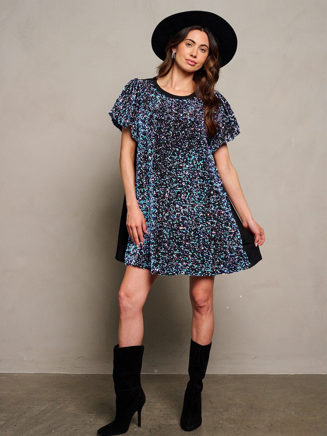 WOMEN'S SHORT PUFF SLEEVE POCKETS SEQUINS TUNIC MINI DRESS