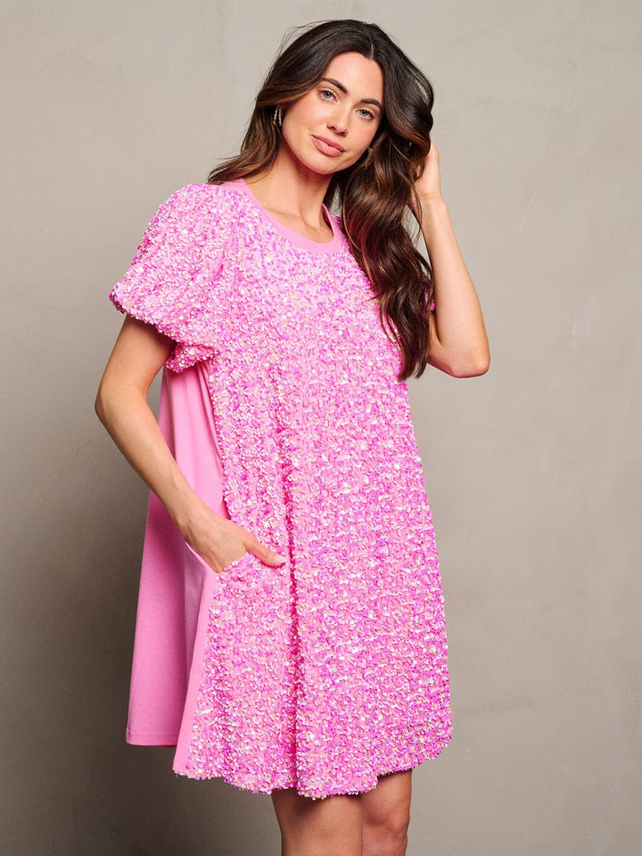 WOMEN'S SHORT PUFF SLEEVE POCKETS SEQUINS TUNIC MINI DRESS