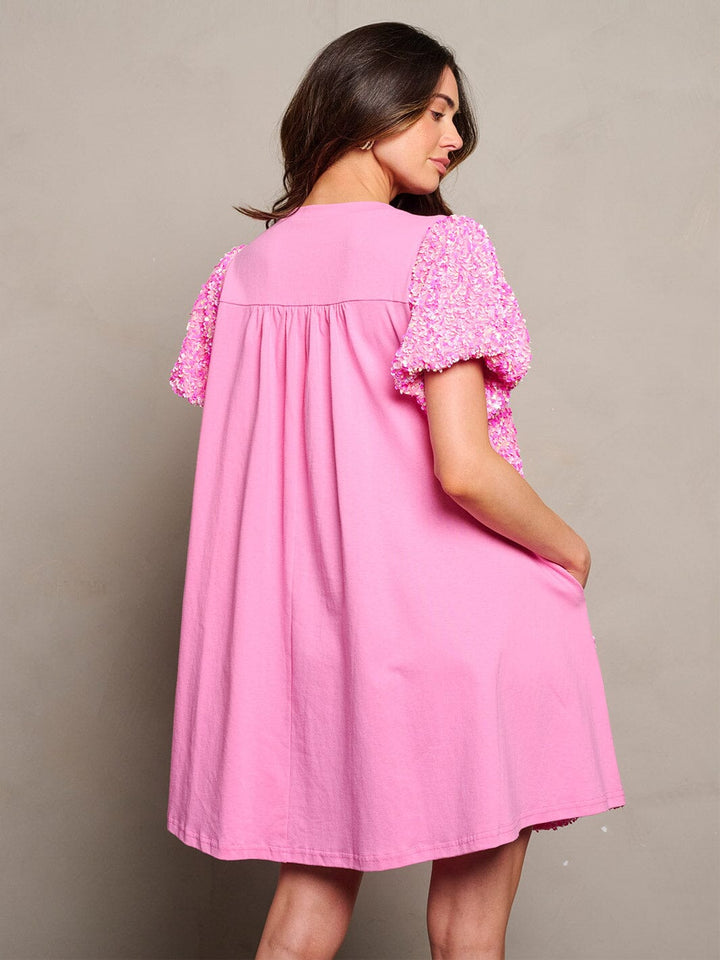 WOMEN'S SHORT PUFF SLEEVE POCKETS SEQUINS TUNIC MINI DRESS
