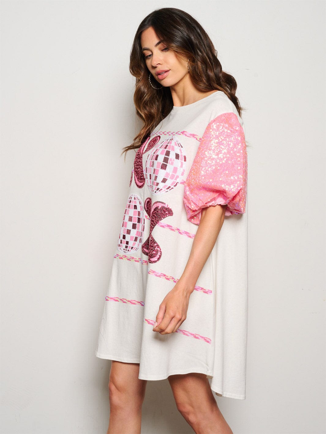WOMEN'S SHORT SEQUINS SLEEVE METALLIC GRAPHIC MINI DRESS