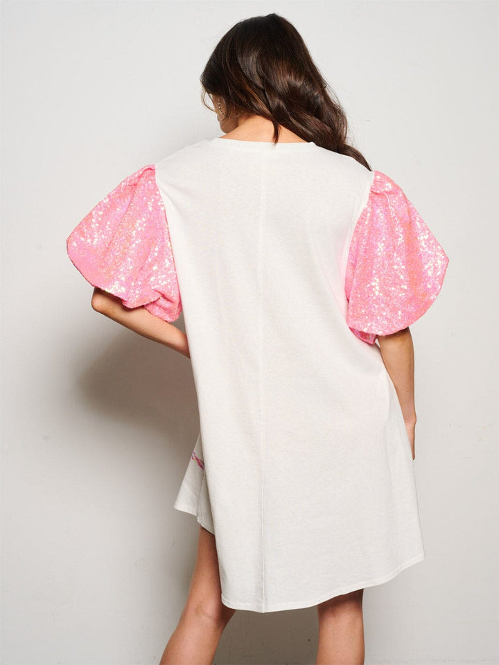 WOMEN'S SHORT SEQUINS SLEEVE METALLIC GRAPHIC MINI DRESS