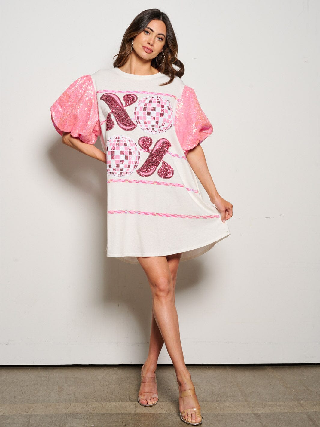 WOMEN'S SHORT SEQUINS SLEEVE METALLIC GRAPHIC MINI DRESS