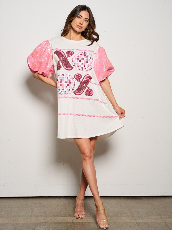 WOMEN'S SHORT SEQUINS SLEEVE METALLIC GRAPHIC MINI DRESS
