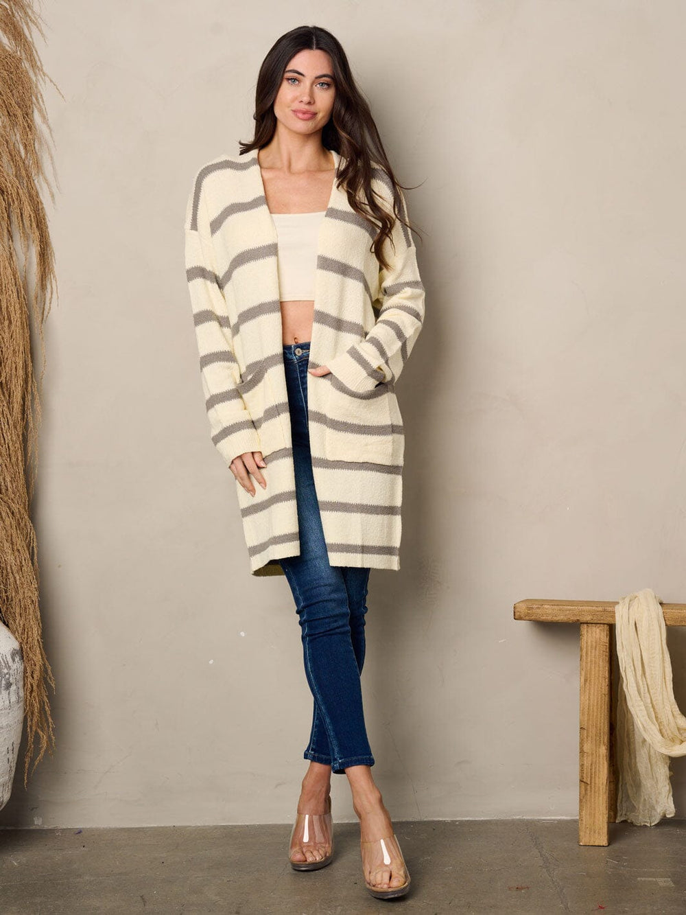 WOMEN'S LONG SLEEVE POCKETS STRIPES CARDIGAN