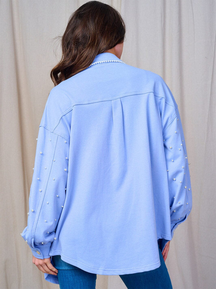 WOMEN'S LONG SLEEVE BUTTON CLOSURE FRONT POCKETS PEARL TRIM SHACKET