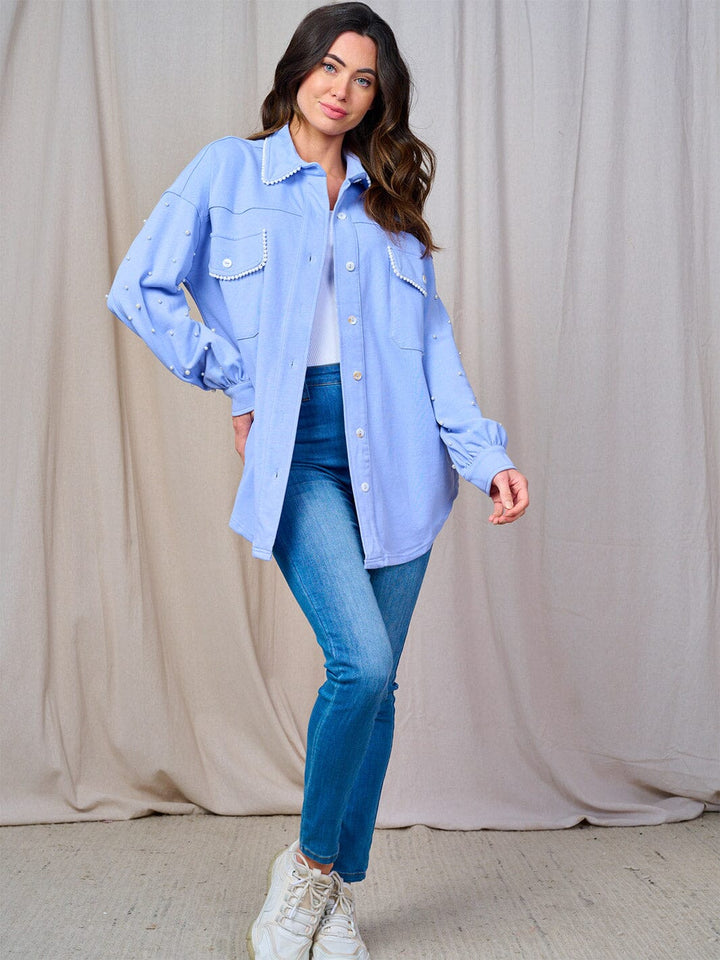 WOMEN'S LONG SLEEVE BUTTON CLOSURE FRONT POCKETS PEARL TRIM SHACKET