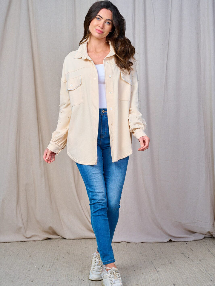 WOMEN'S LONG SLEEVE BUTTON CLOSURE FRONT POCKETS PEARL TRIM SHACKET