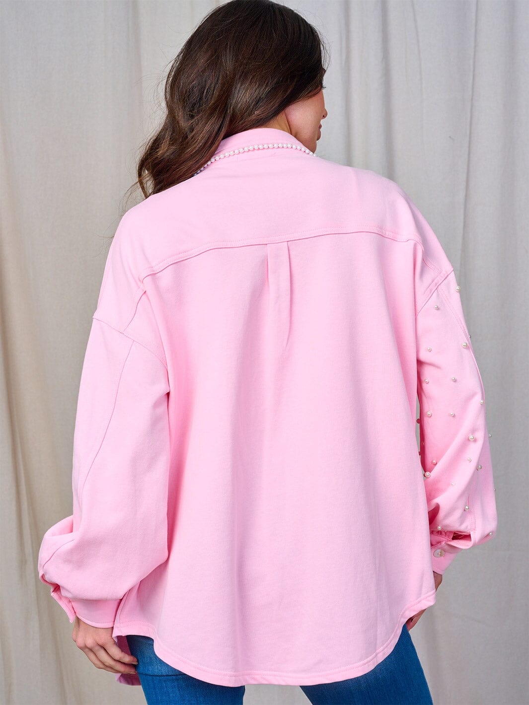 WOMEN'S LONG SLEEVE BUTTON CLOSURE FRONT POCKETS PEARL TRIM SHACKET