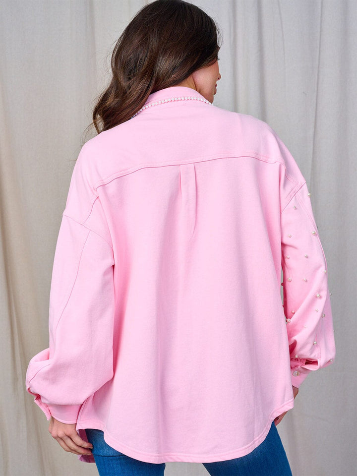 WOMEN'S LONG SLEEVE BUTTON CLOSURE FRONT POCKETS PEARL TRIM SHACKET