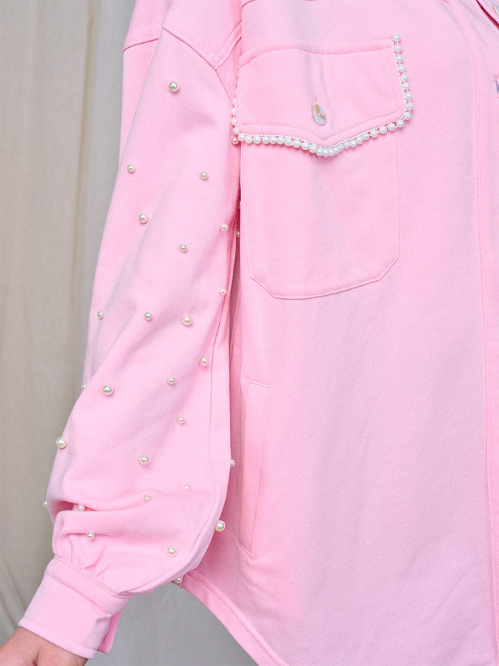 WOMEN'S LONG SLEEVE BUTTON CLOSURE FRONT POCKETS PEARL TRIM SHACKET